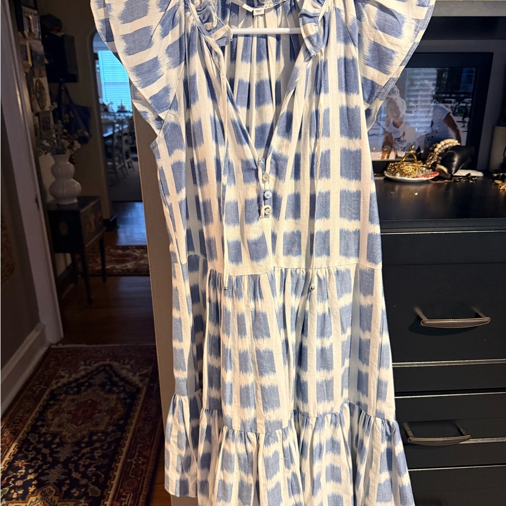 Veronica Beard Blue and White Tie-Dye Tiered Midi Dress